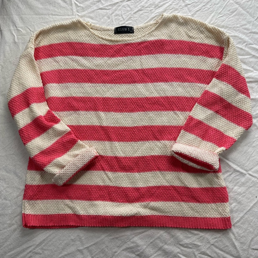 Pink and cream striped sweater 3/4 sleeve Club L size L